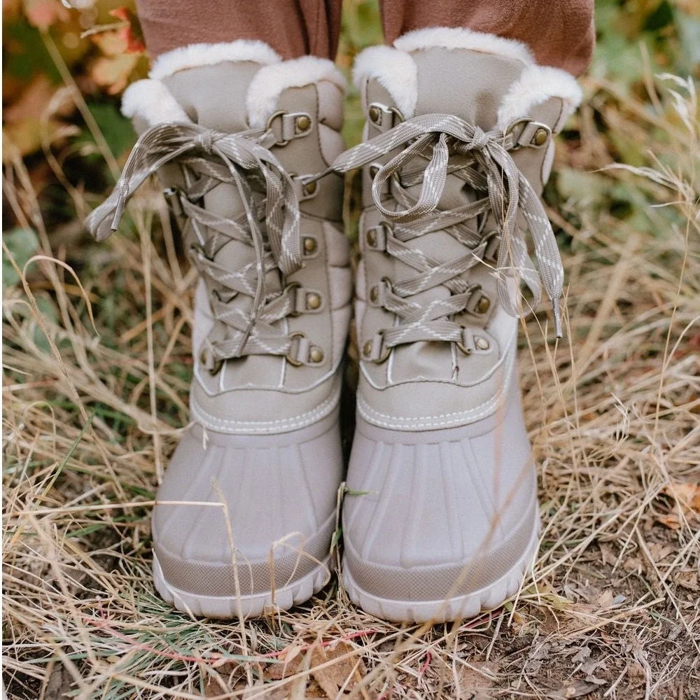 JBU Casey Waterproof Winter Boot Taupe Faux Fur Lace Up B3CSY54 Womens 8 NEW